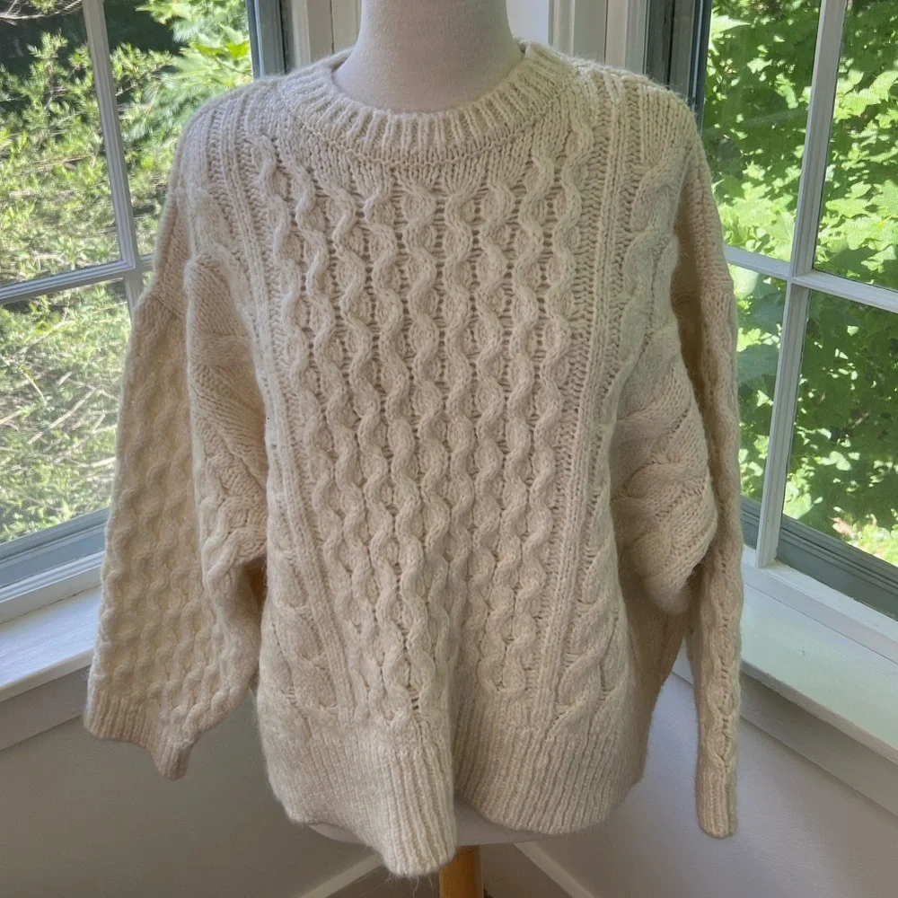 ZARA soft cozy warm oversized Aran crew neck alpaca blend sweater